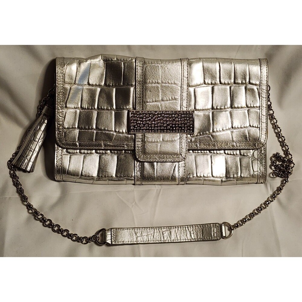 KELLY RUTHERFORD Crocodile Leather Silver w/Chain Strap & CRYSTAL Accents VgCond